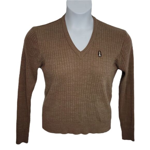 VINTAGE 70s sweater Hush Puppy ribbed v-neck brown green L - Picture 1 of 6